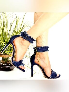 Forever Women’s Delicate 18 Frayed Blue Denim Open Toe High Heel Sandals